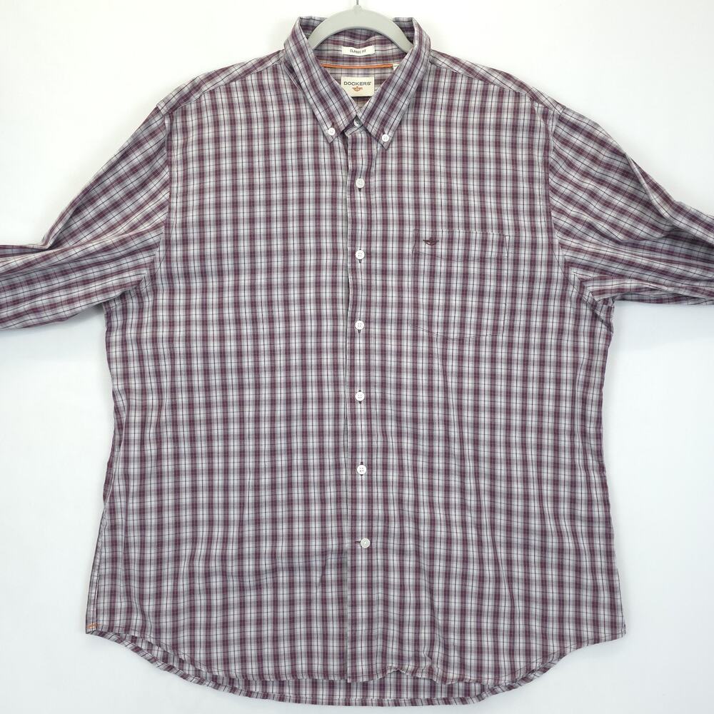 Dockers Plaid Button Down Shirt Classic Fit Men XL Purple Gray Office Preppy